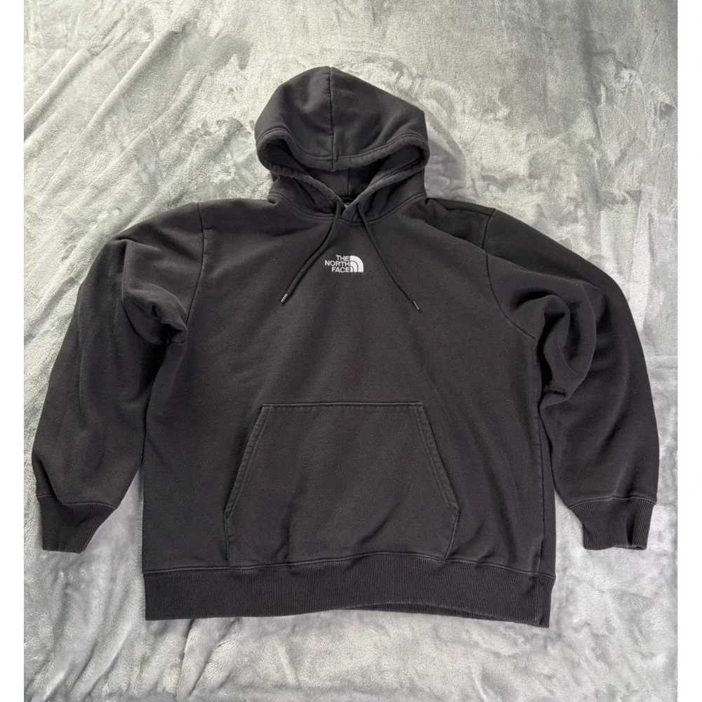 The North Face Mens XL Black Pullover Hoodie White Logo Kangaroo Pocket Fleece