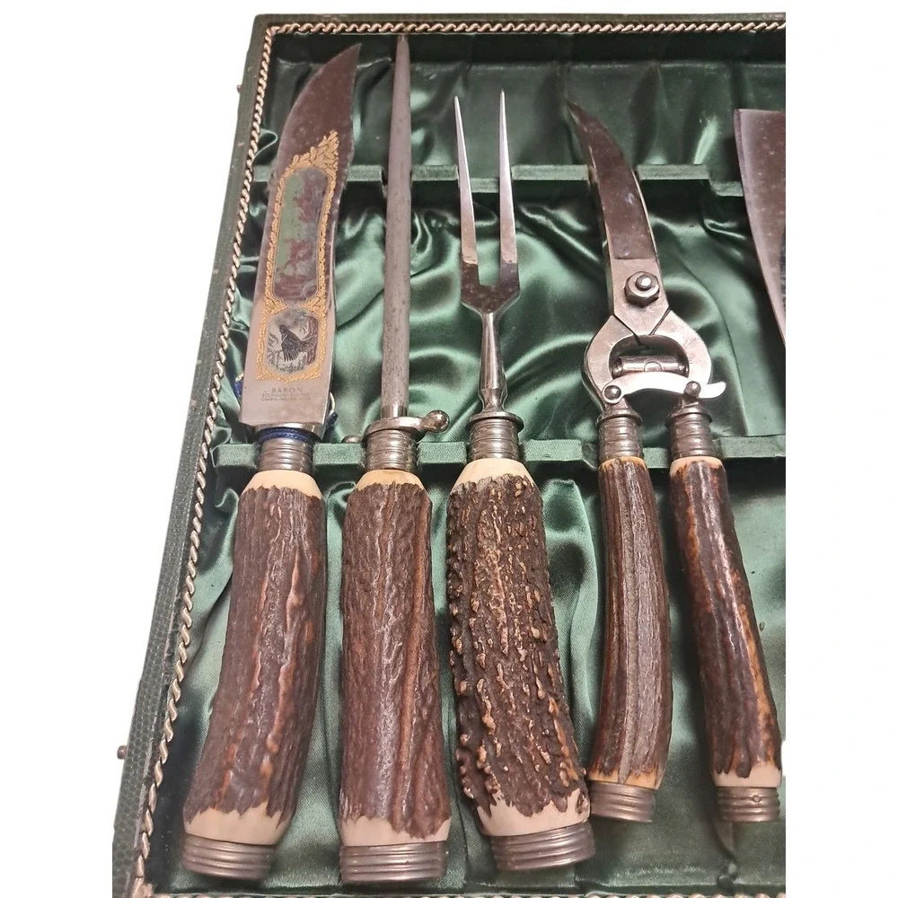 Baron Solingen Germany 5 Pc Carving Set Stag Horn Handles Engraved Blade Box Vtg