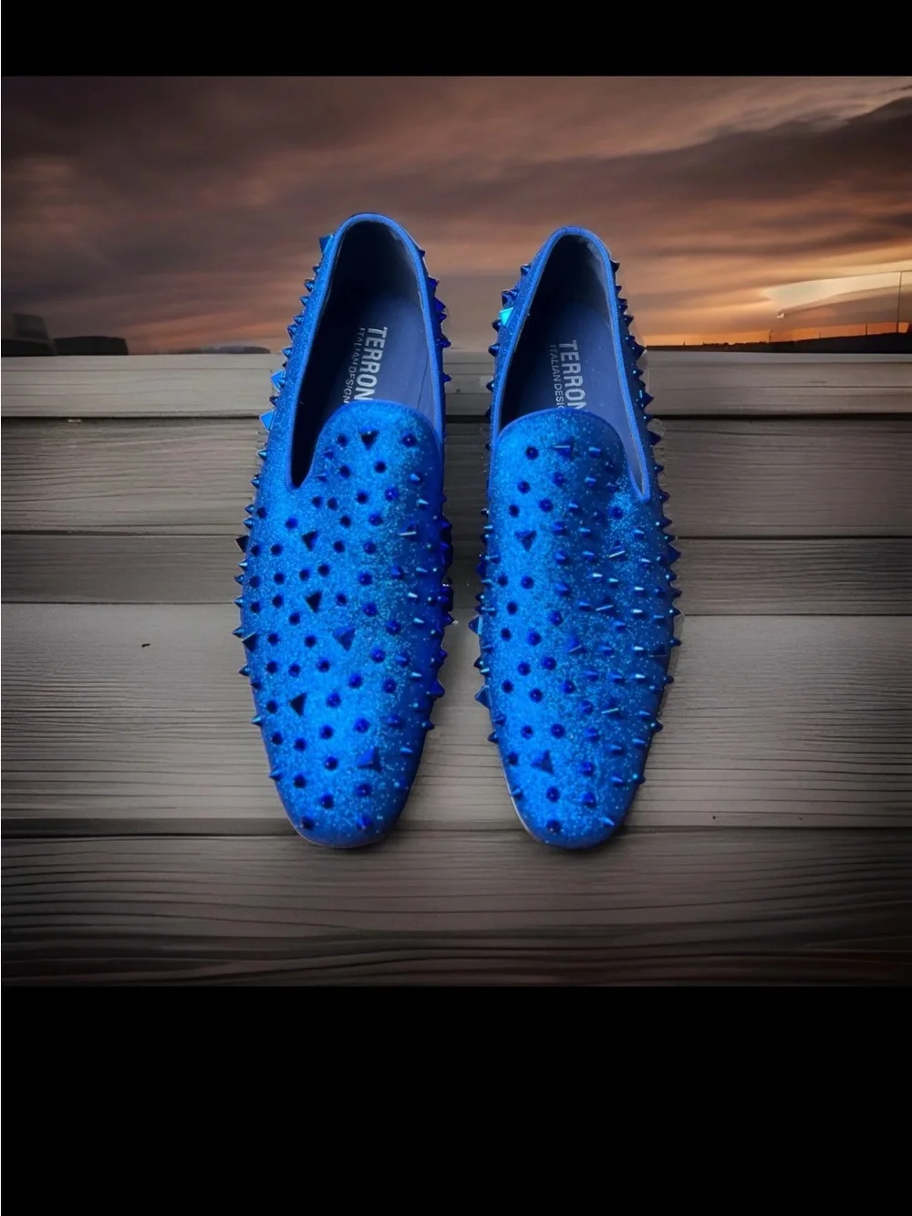Terroni Men’s electric Blue Spike-Stud Slip-On Loafers
