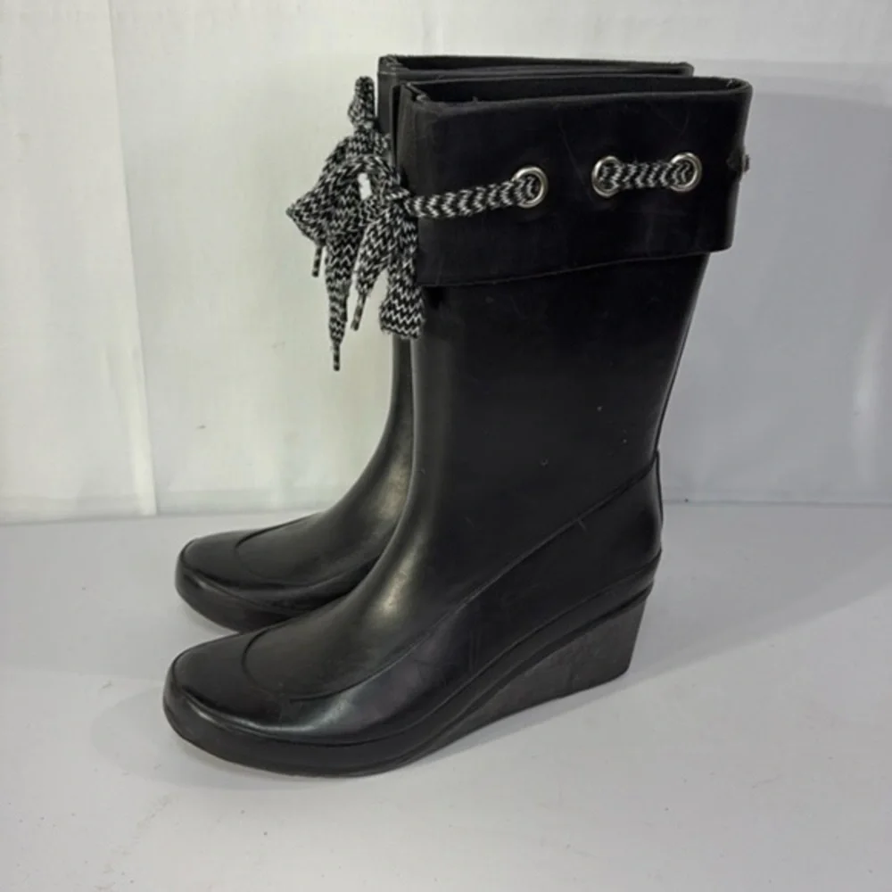 🫒 Khombu black wedge heel calf height rain boots