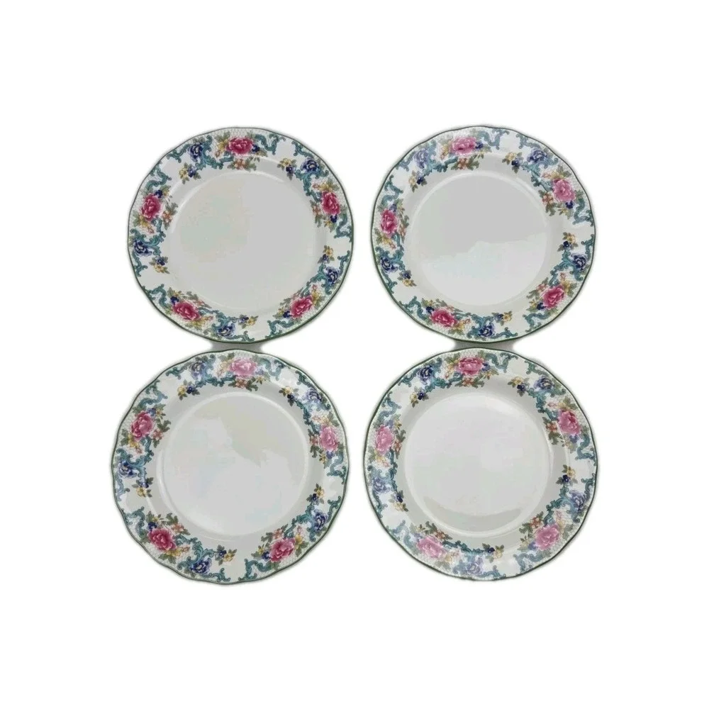 4 Royal Doulton Floradora Green Salad Plates Floral Scalloped England Fine China