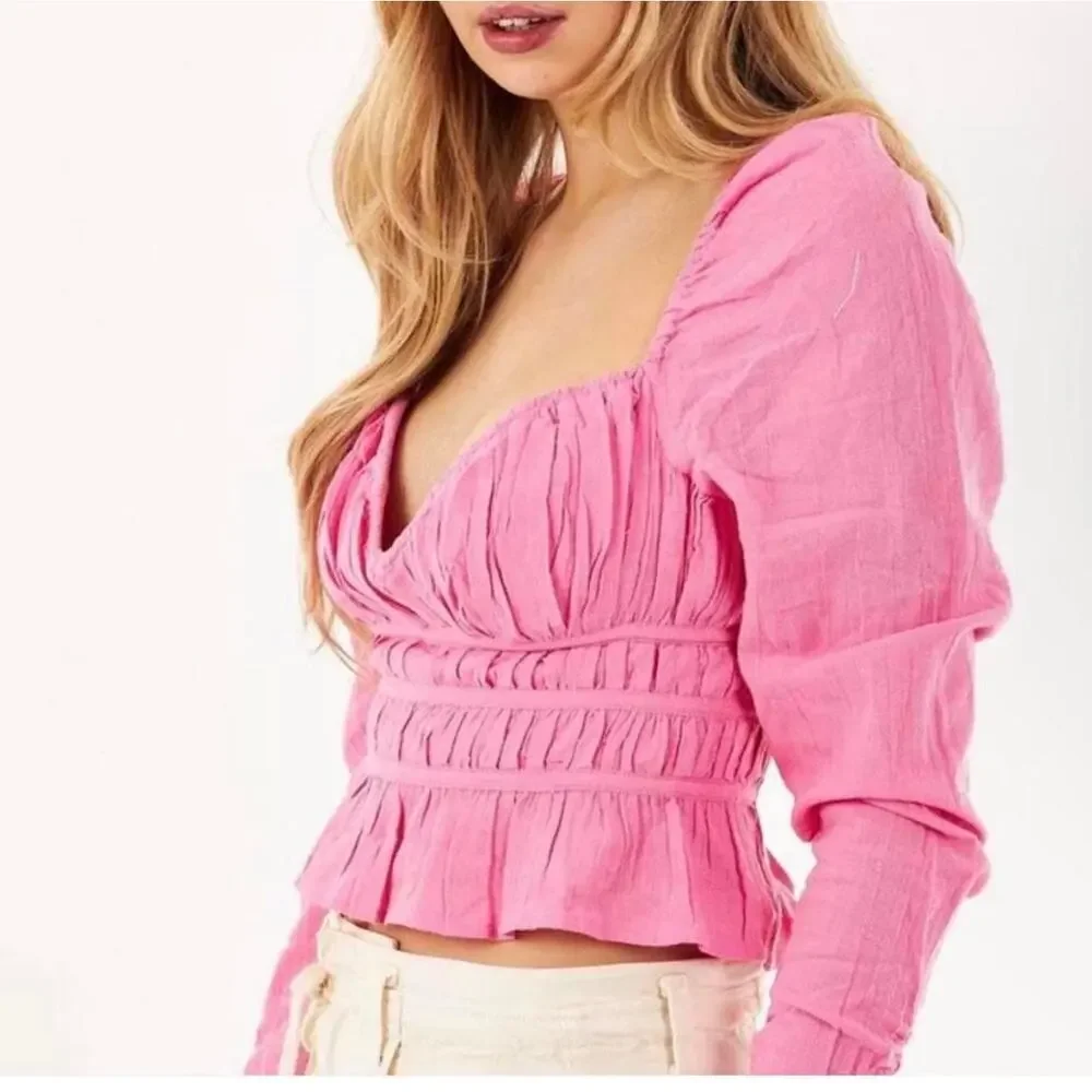 Free People Chole Cropped Top Blouse Ruffle Puffed Sleeves Smocked Pink Medium