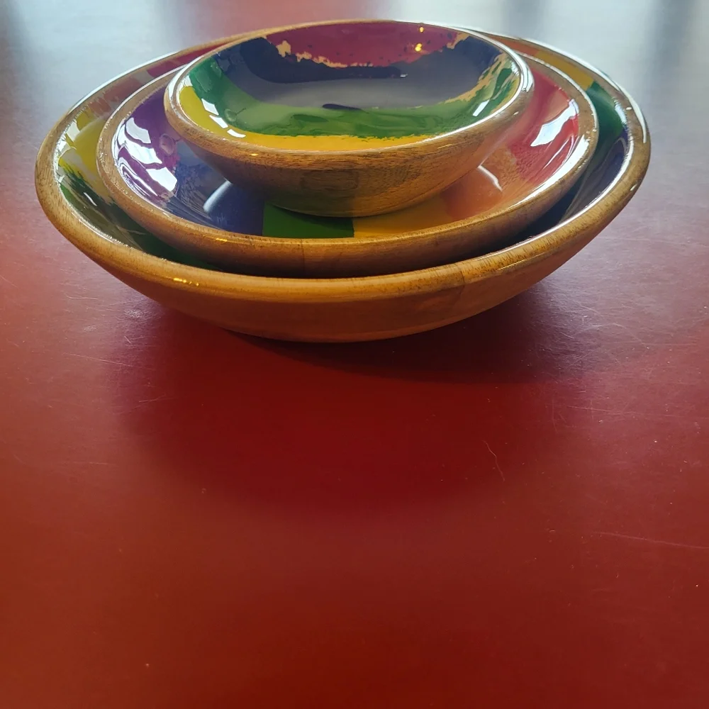 3 Kitchen Bowl Set Wooden Rainbow Pride Pattern Spotisan Multicolor New India