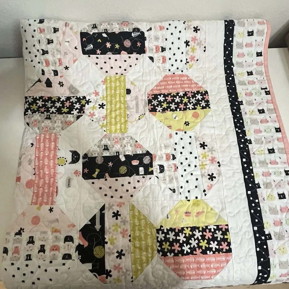 Handmade Cats and Camper Trailers Patchwork Quilt Blanket Pink