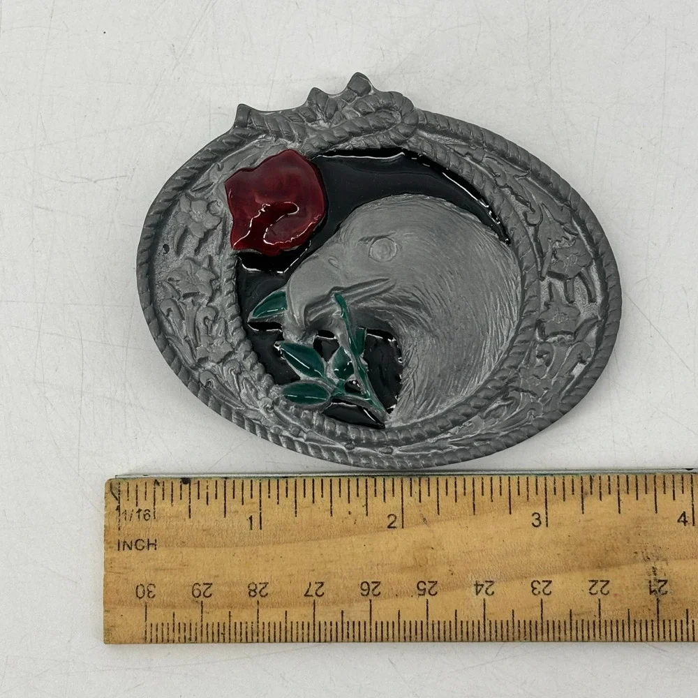 Eagle Belt Buckle Red Rose Enamel Western Americana Top Pewter