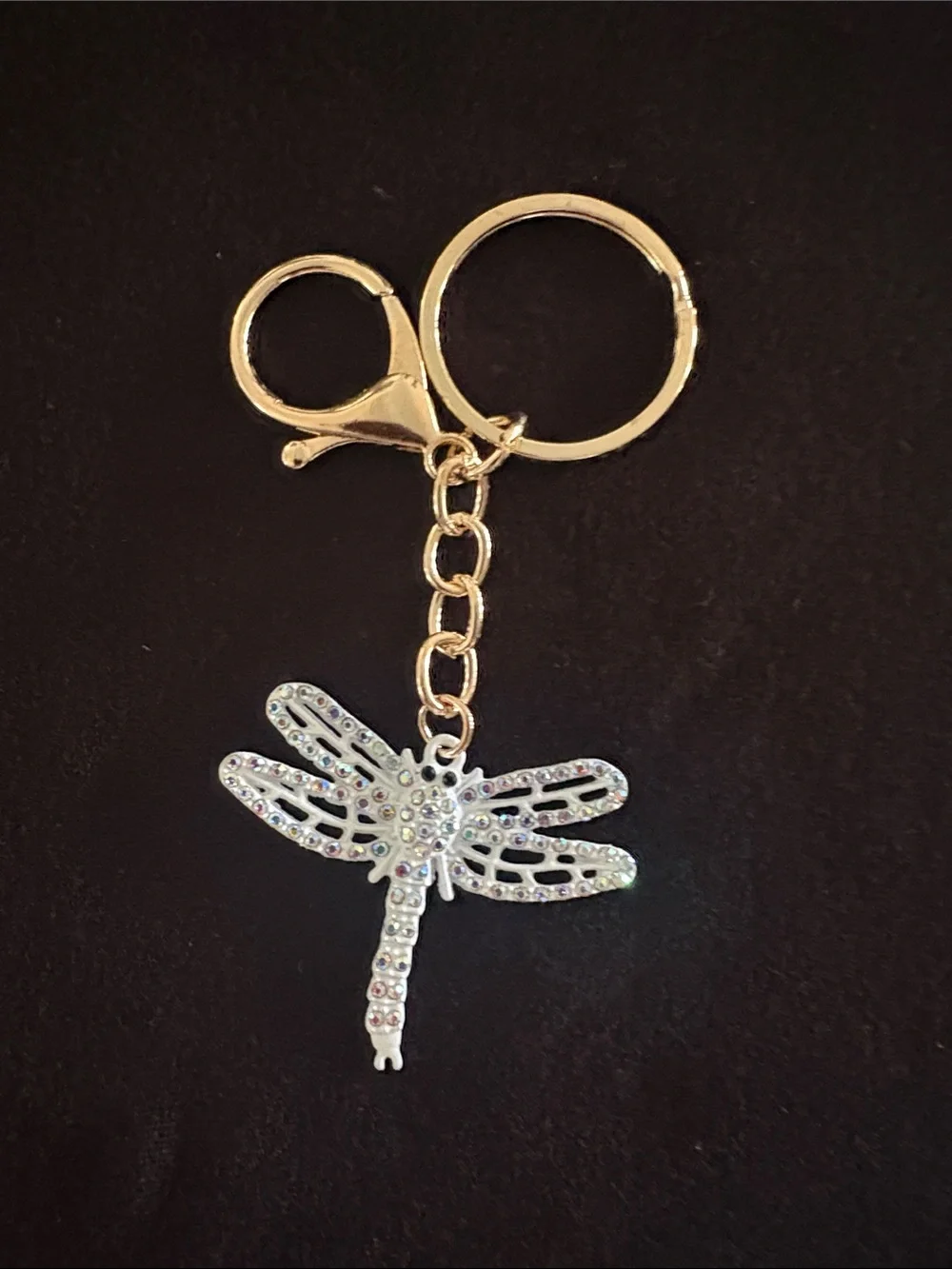 Mint Gold-Tone Dragonfly Keychain Bag Charm with Crystal Accents