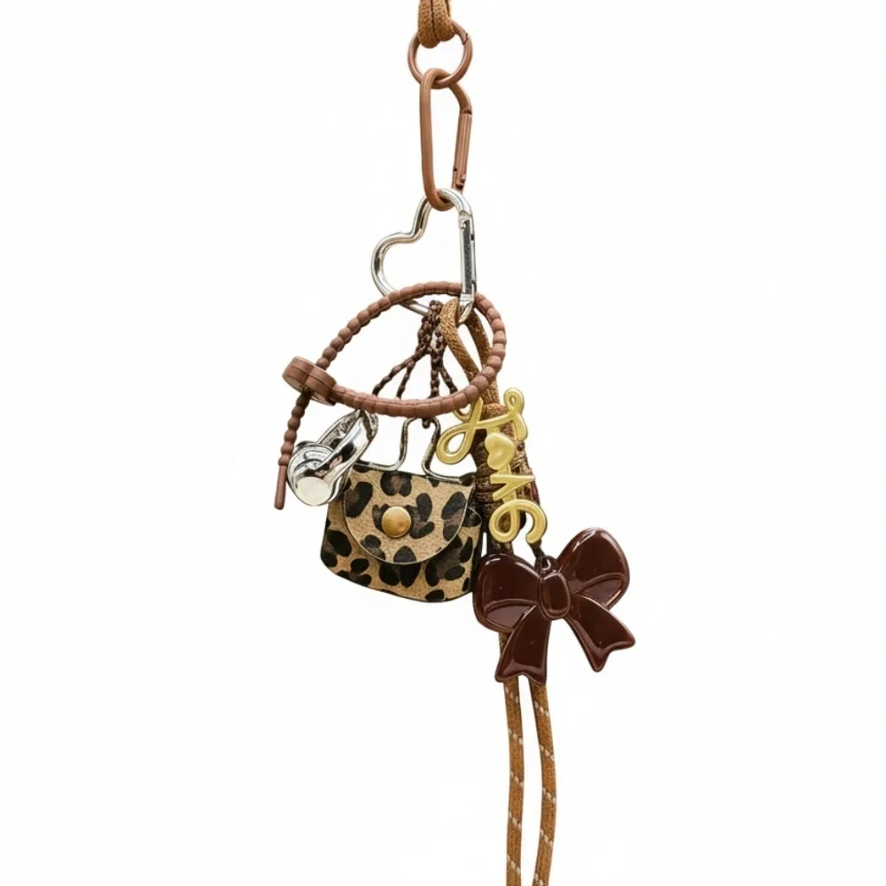 Leopard Print and Brown Bag Charm Keychain Set