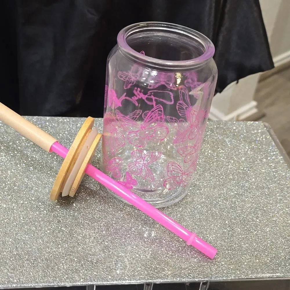 Dolly Parton Script‎ Butterfly Glass Jar w/Straw- Pink
