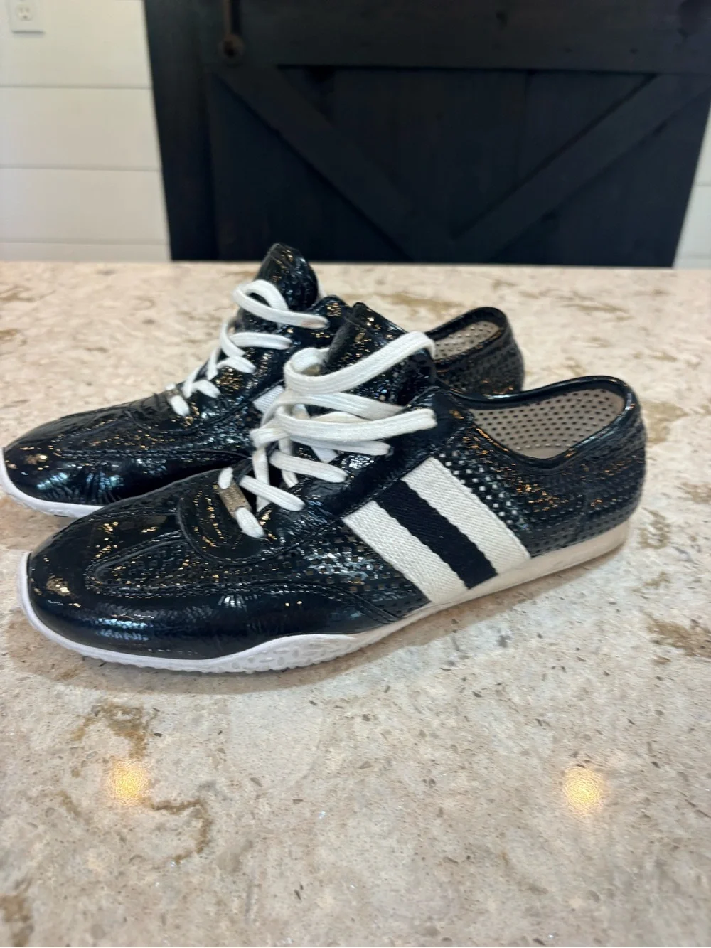 Michael Kors Black Patent Sneakers with White Stripes and Laces