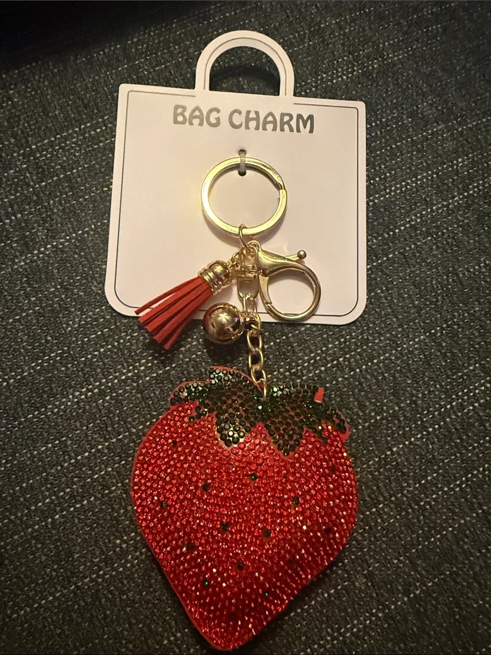Strawberry Crystal Tassel Keychain Bag Charm - Red