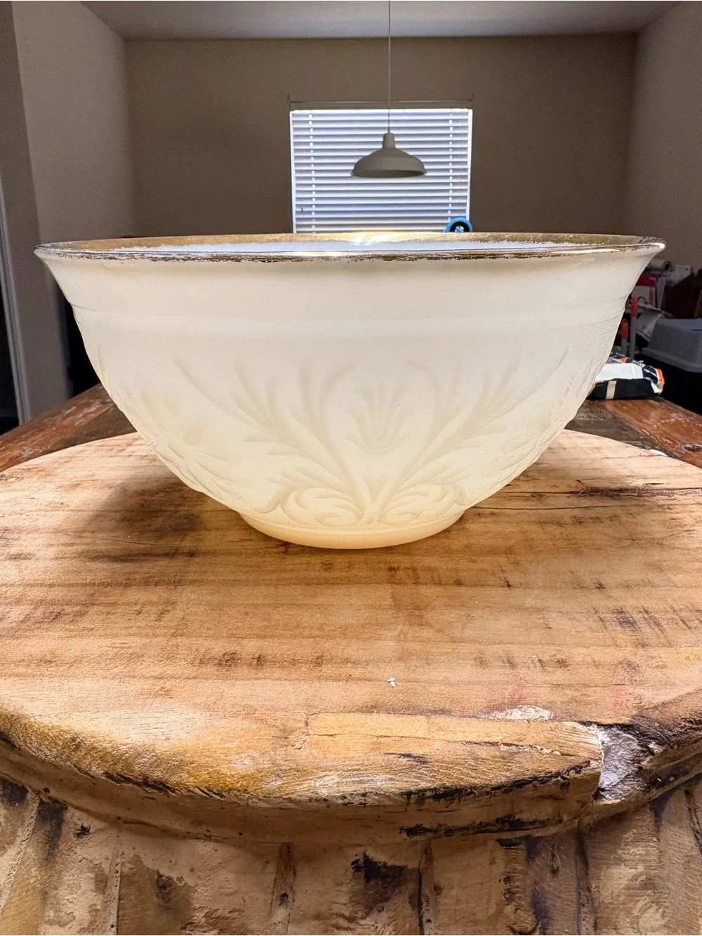 Vintage Anchor Hocking Ivory Embossed Glass Punch Bowl with Gold Rim 5”X 10”