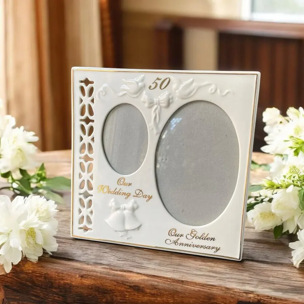 Vtg Porcelain 50th Wedding Anniversary 2 Picture Frame Golden Cream Ornate Russ