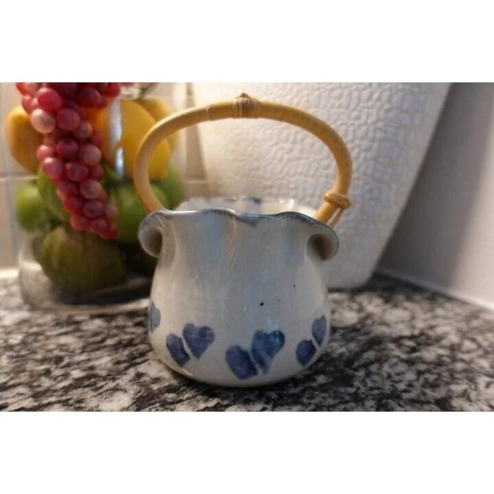 Vintage Blue White Pottery basket with bamboo handle blue hearts Janet Rodriguez
