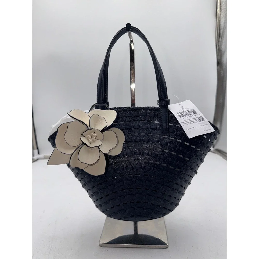 Kate Spade Dahlia Small Tote Parisian Navy Leather Woven Flower Bag KO471 NEW