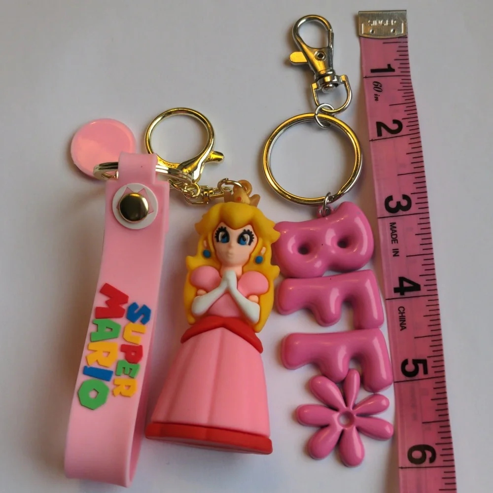 Pink Princess Peach Keychain Set  & Justice Metal keychain. Purse Fobs. New,
