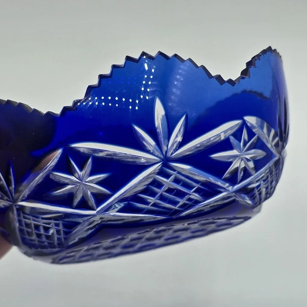Vintage Bohemian cobalt cut to clear crystal mini bowl Antique Art Deco