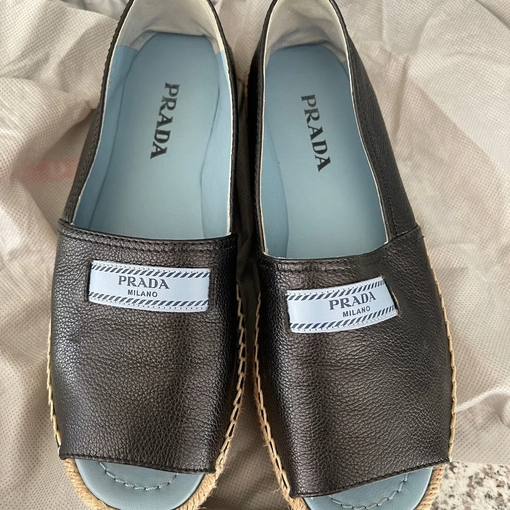 Prada Black Leather Platform Espadrilles with Light Blue Insole