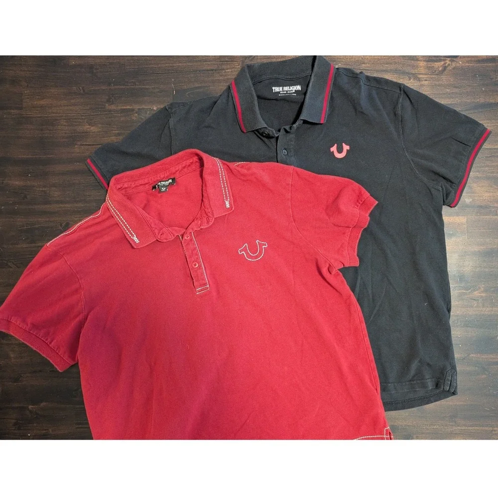 Lot of 2 True Religion Men's Polo Shirts XL Black Red Contrast Stitch Graphic