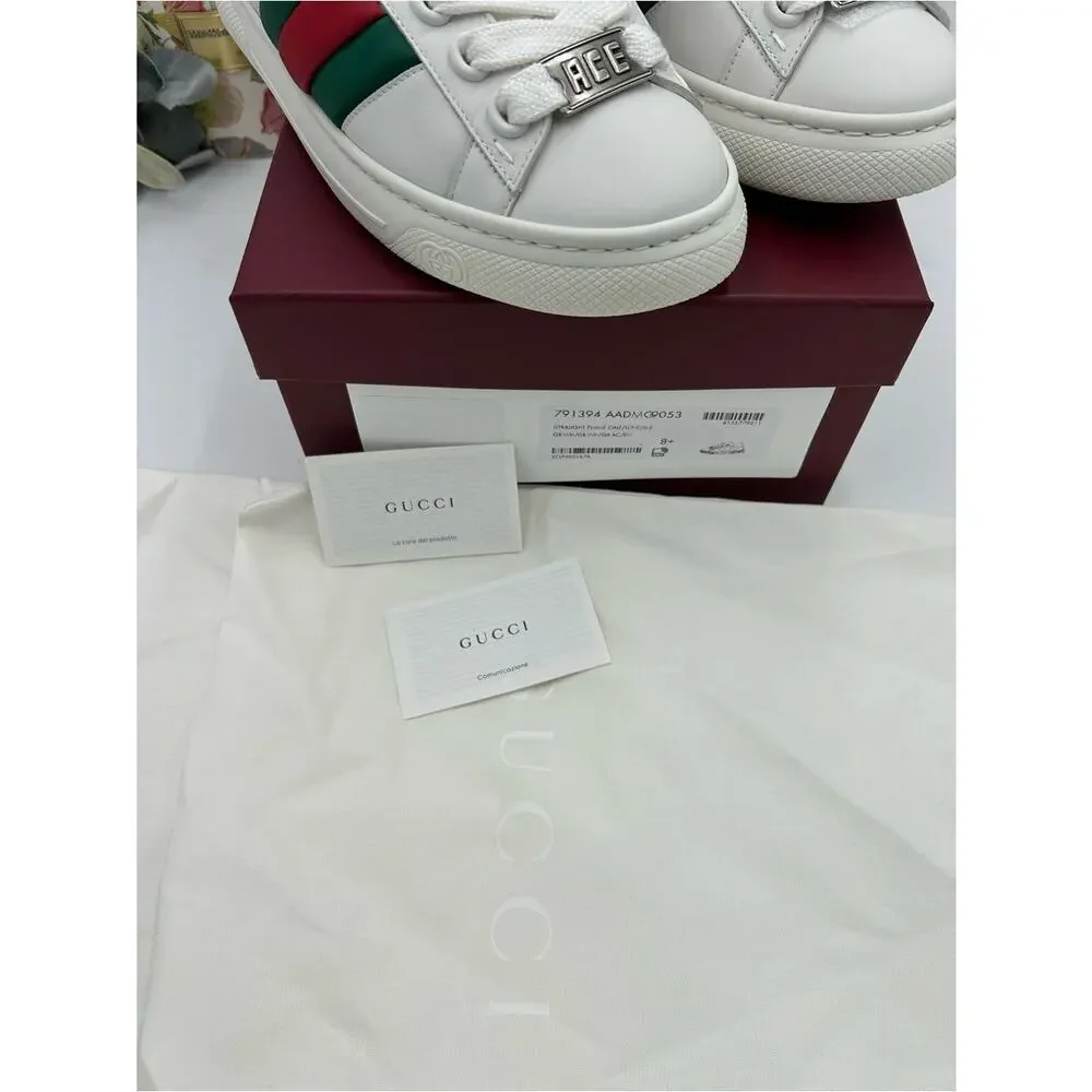 Men's Gucci White Leather ace Sneakers with web, stripe size 8.5 fits 9 US
