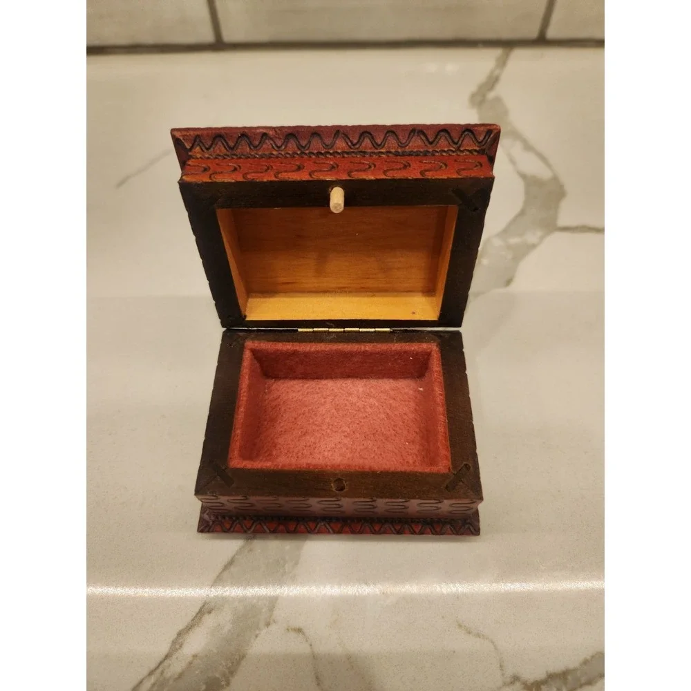 Vintage Wooden Hand Carved Polish Trinket Jewelry Storage Box Made In Poland