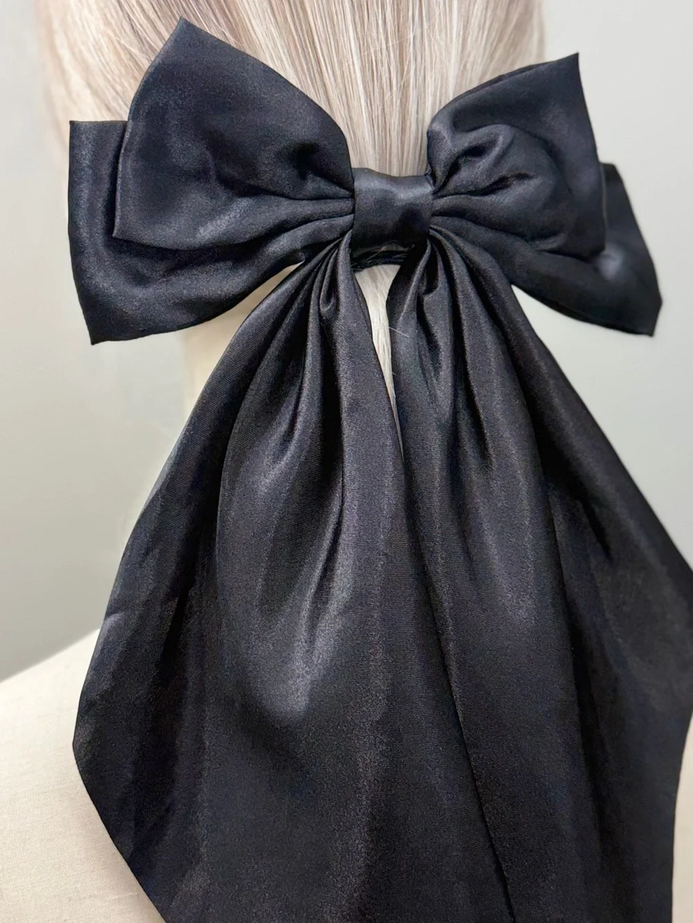 New Oversized Black Satin Bow Hair Barrette Long Tail Statement Clip