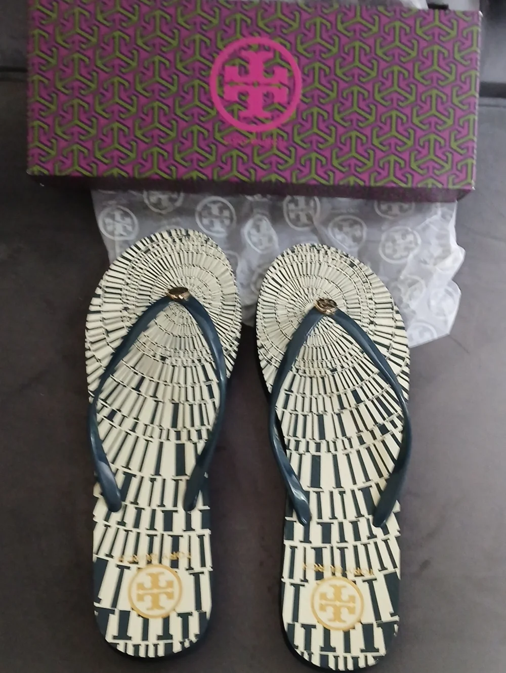 Tory Burch Black and Cream Logo Flip Flop Sandals