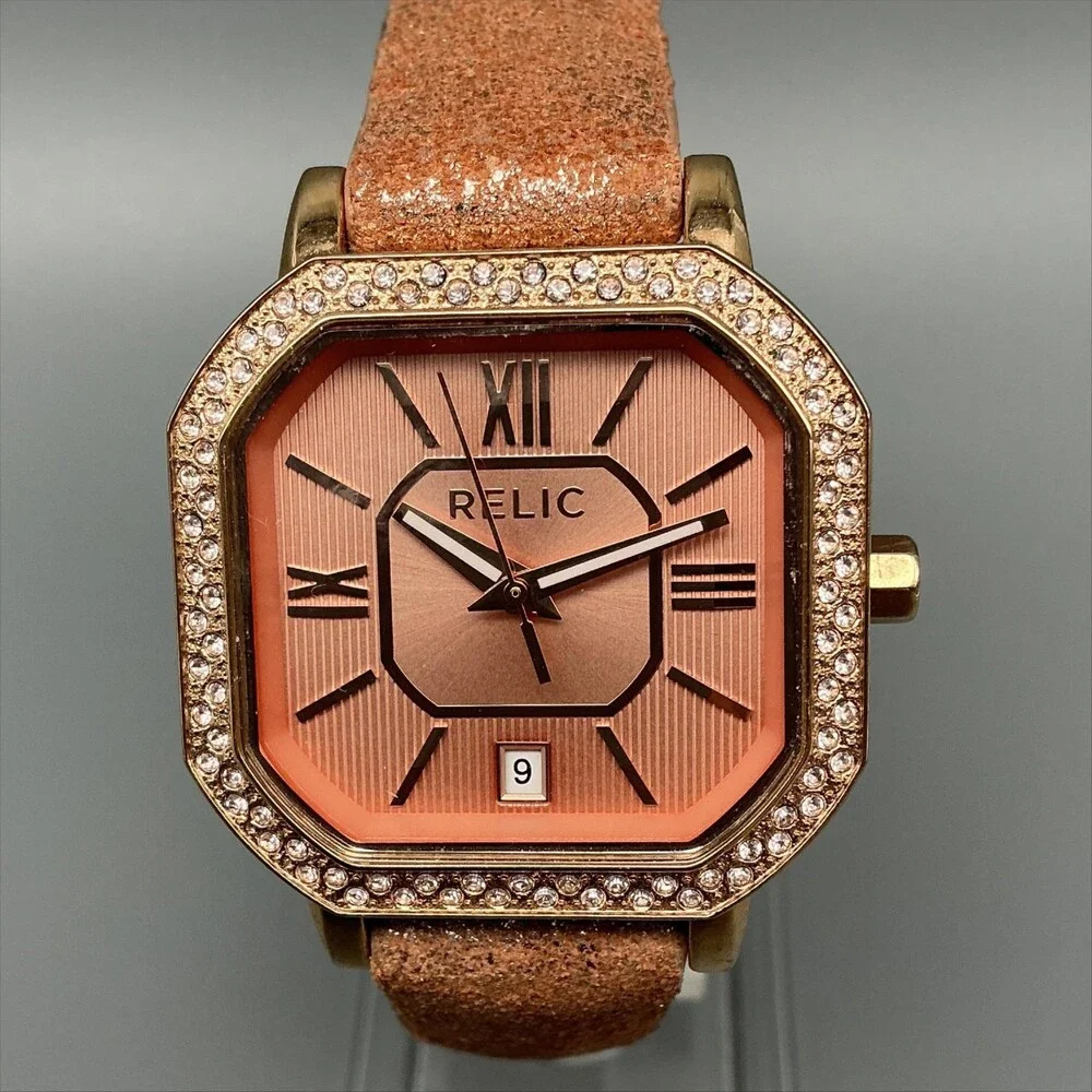 Relic ZR34181 Womens Watch 33mm Octagon Gold Tone Crystals Leather New Battery