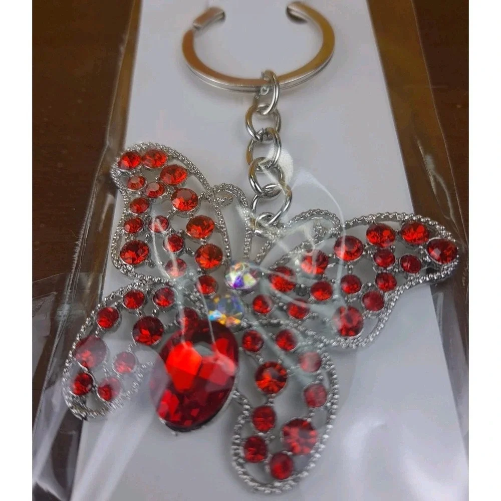 NIP Crystal Collection Red Crystal‎ Butterfly Silver Tone Keychain Backpack
