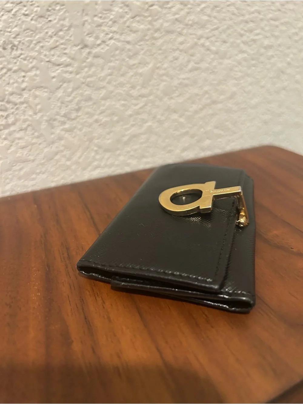 Salvatore Ferragamo Black Leather Key & Card Holder with Gold Gancini