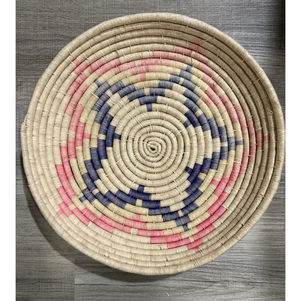Handmade Woven African Coiled Basket Wall Decor Pink Blue Star Petal Boho