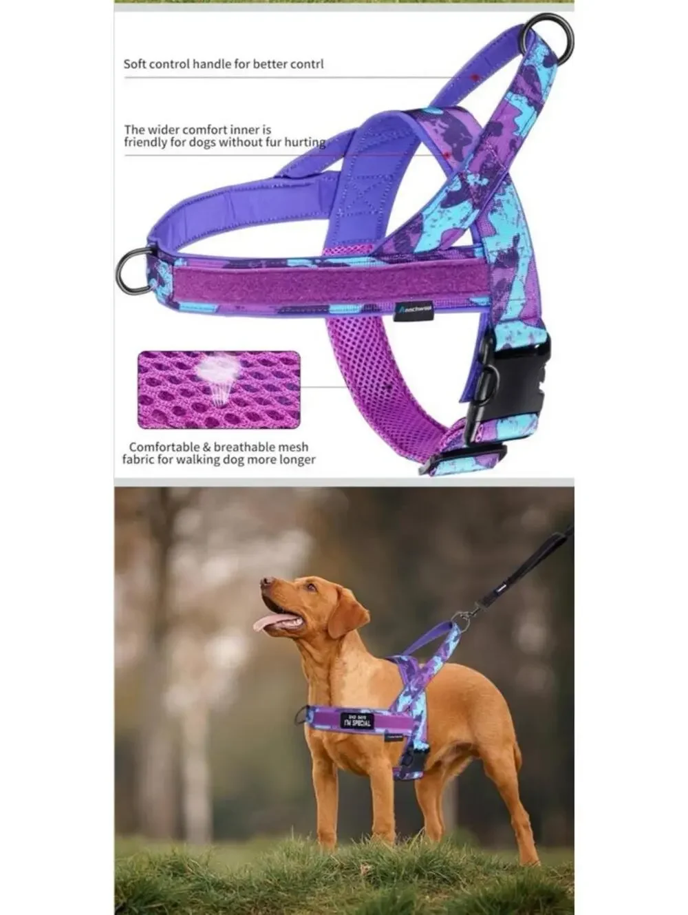 No Pull Dog Harness XL Purple Aqua Camo Heavy Duty Adjustable, Padded NEW