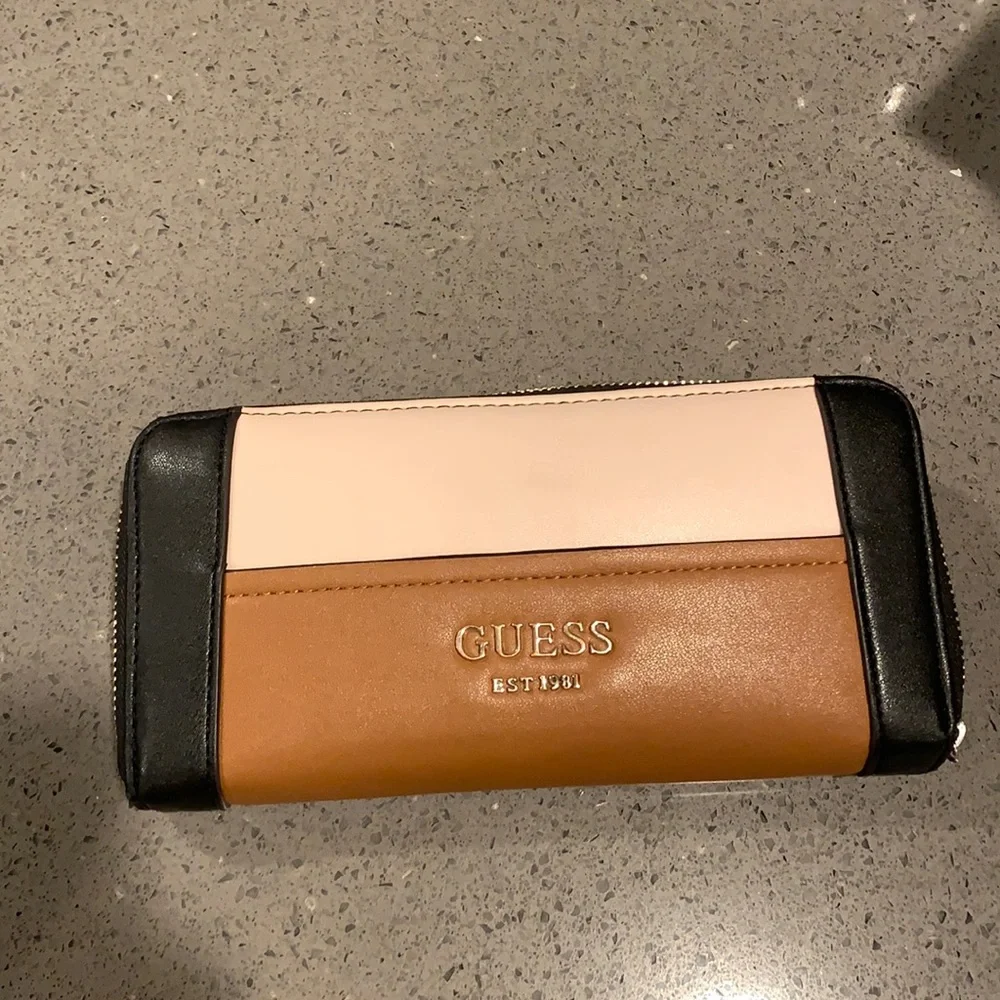 GUESS Colorblock Leather Wallet - Pink, Tan & Black