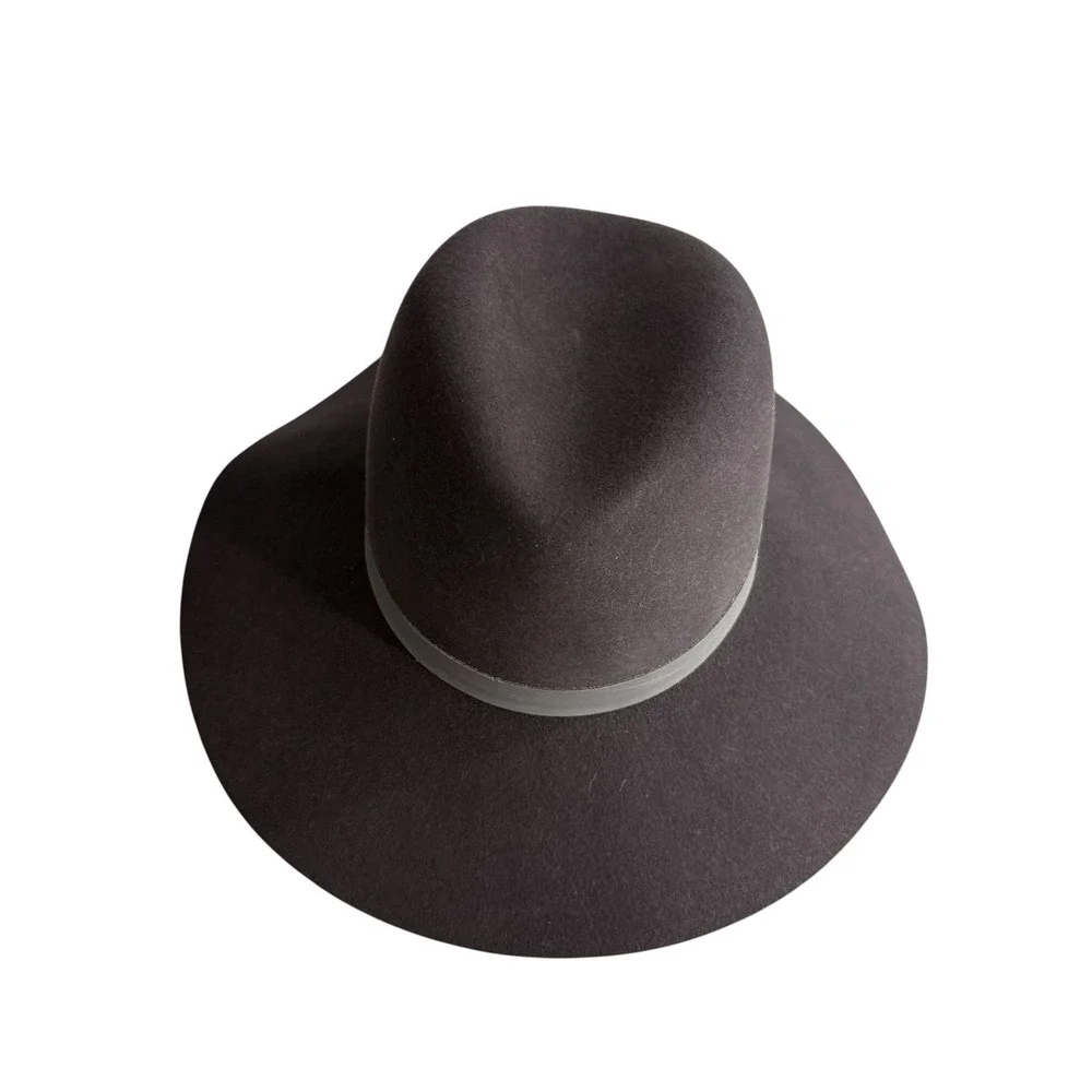 Janessa Leone Cole Hat Brown Wool Wide Brim Fedora Gray Leather Band Large USA