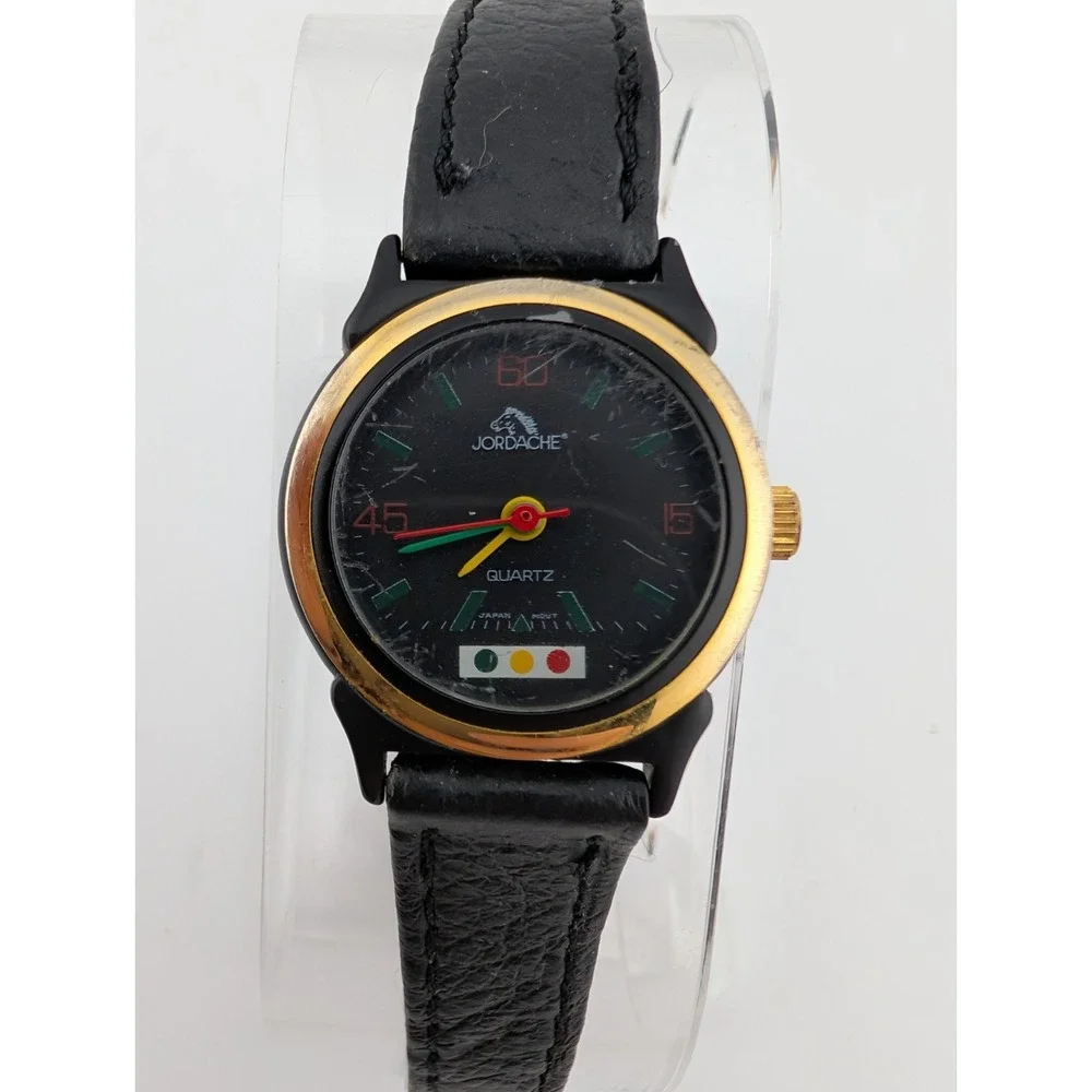 Vintage Jordache Watch Women 23mm Case Black Leather Band- New Battery‎