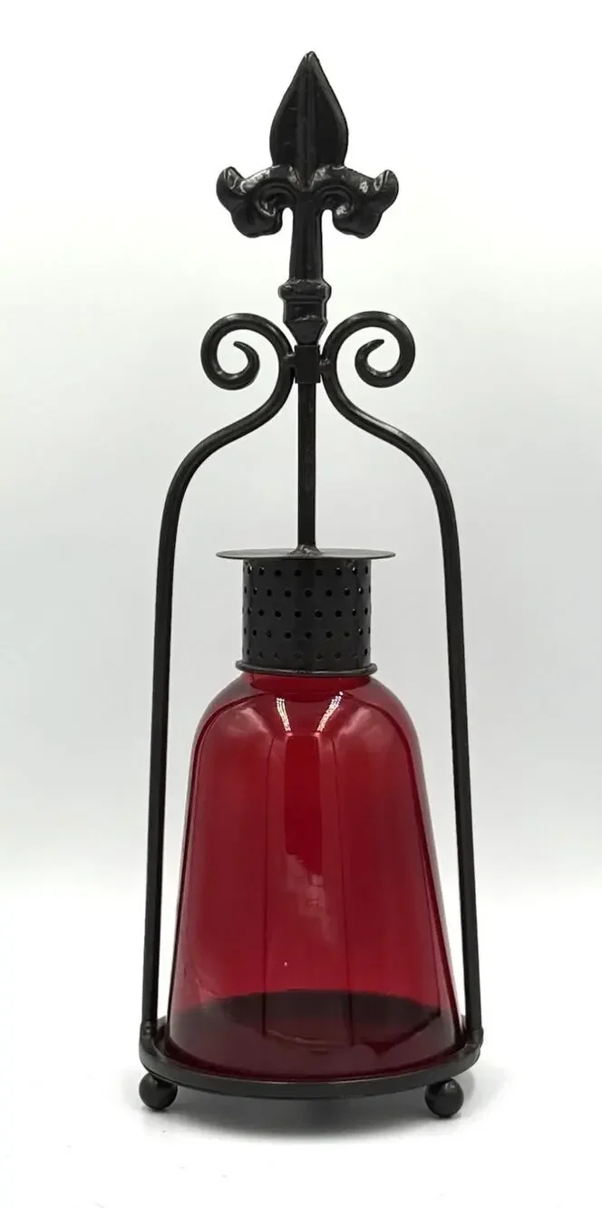 VTG Red GLASS METAL STAND Chimney Candle Hurricane Holder Lantern 17