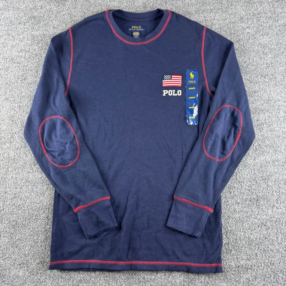 Polo Ralph Lauren Mens Navy Waffle Knit Thermal American Flag Shirt PW35HF M NWT