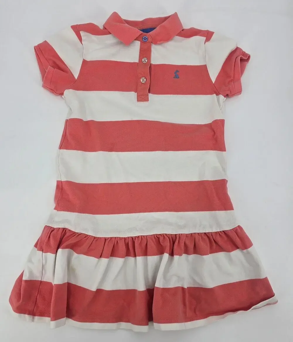 Joules Girls Striped Polo Dress Size 11 Coral‎ White Preppy Ruffle Hem Cotton
