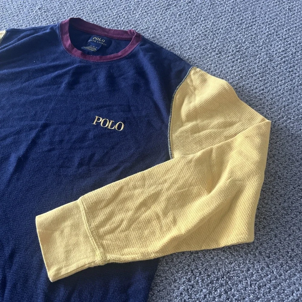 Men's Polo Ralph Lauren Waffle Knit Color Block‎ Y2K Long Sleeve Shirt. Top, XL
