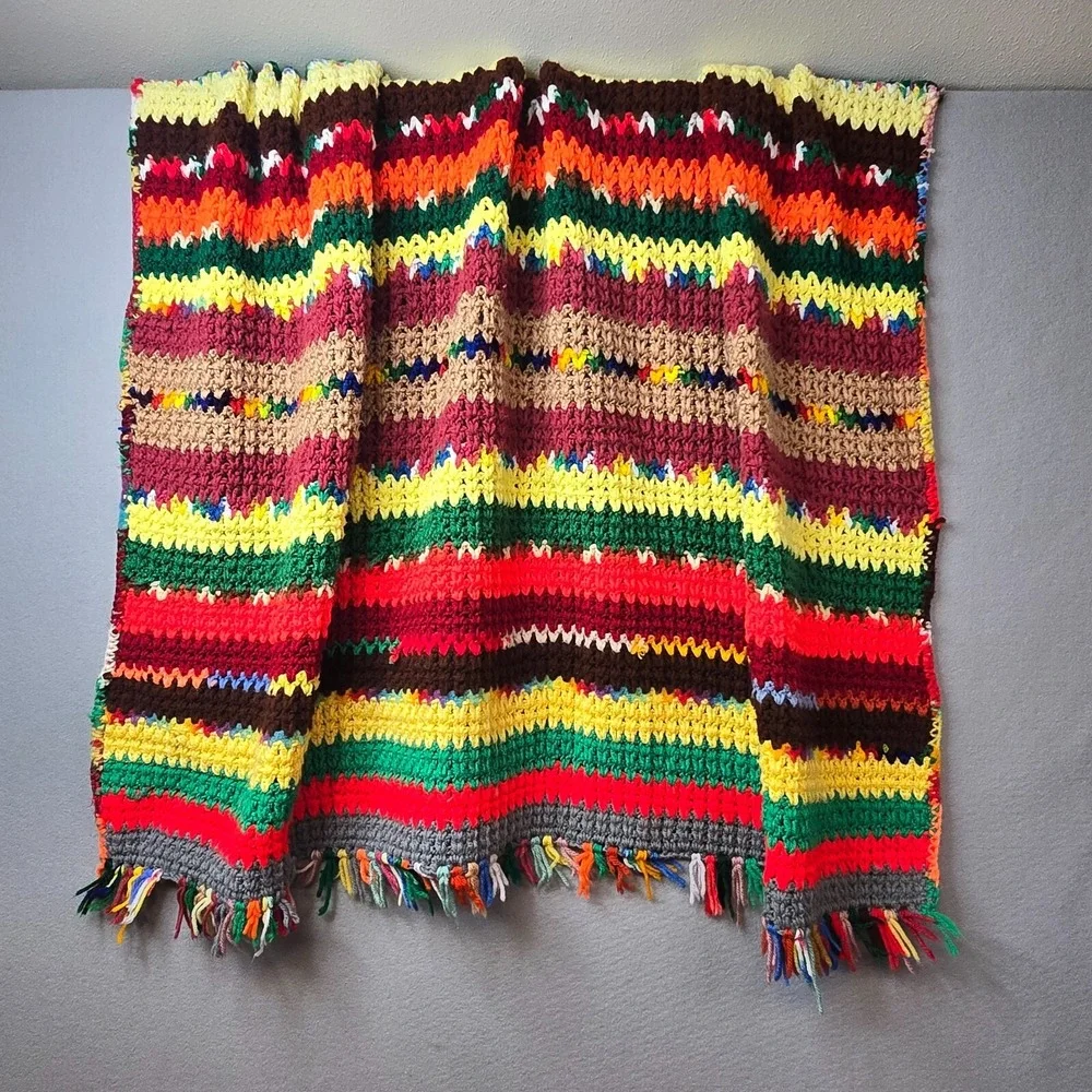 Vintage Handmade Crochet Afghan Striped Blanket Scrapbuster Throw Retro 70s‎