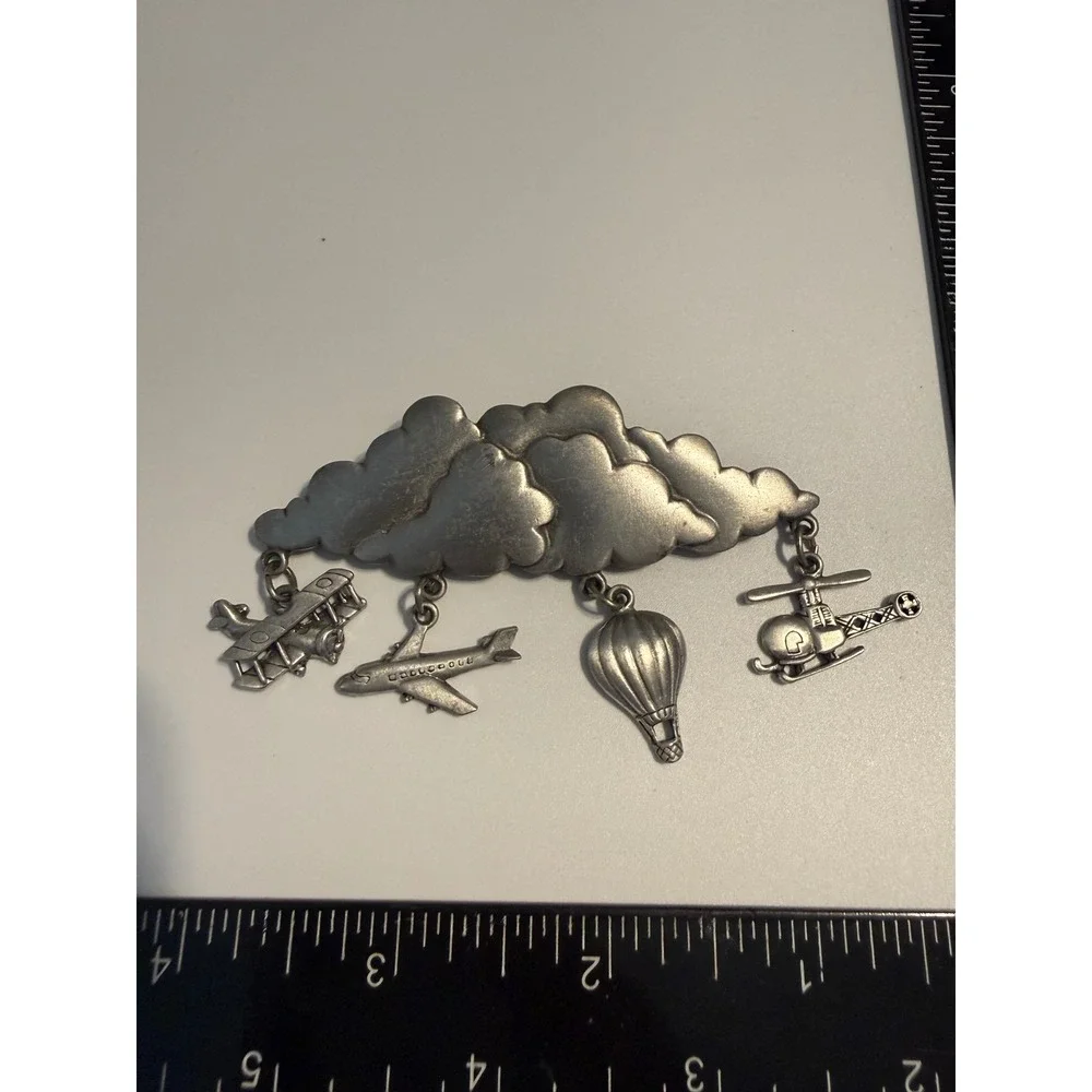 JJ Jonette Vintage Pewter Clouds Aviation Brooch Biplane Jet Balloon‎ Helicopter