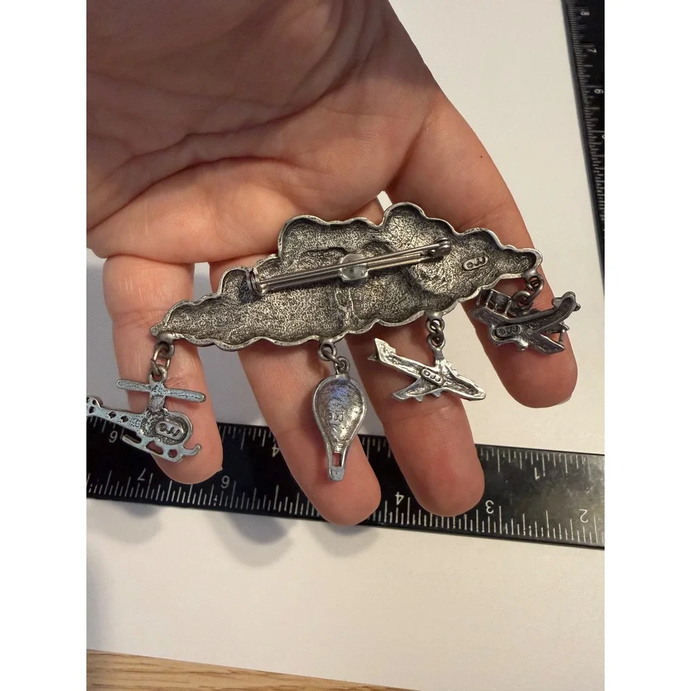 JJ Jonette Vintage Pewter Clouds Aviation Brooch Biplane Jet Balloon‎ Helicopter