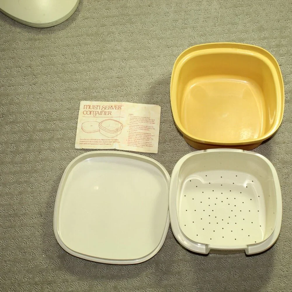 Vintage Tupperware Plastic Yellow Multi-Server Storage Container with Colander