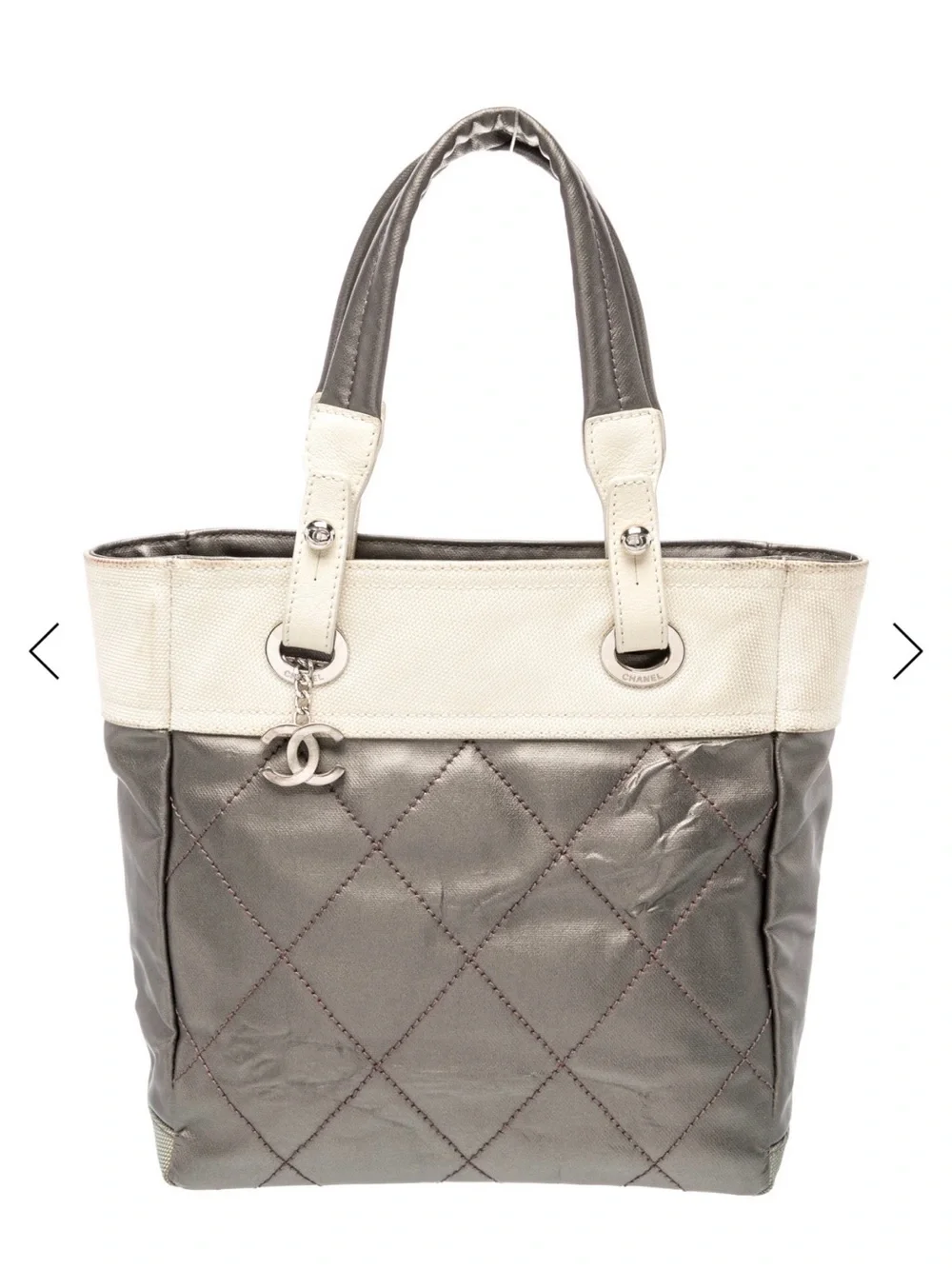 CHANEL Two-Tone Quilted Tote in Silver and Cream