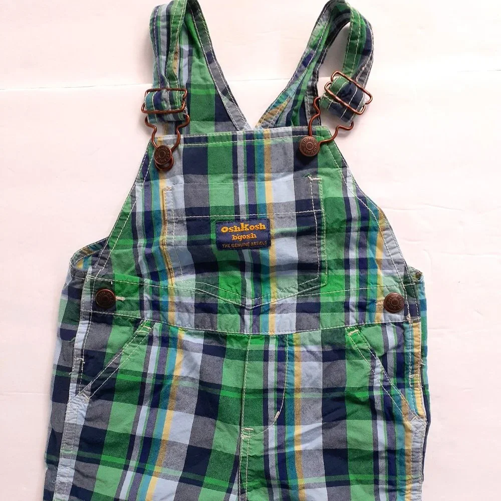 Oshkosh Boys Overall Shorts Green Plaid Shortalls 18 Months