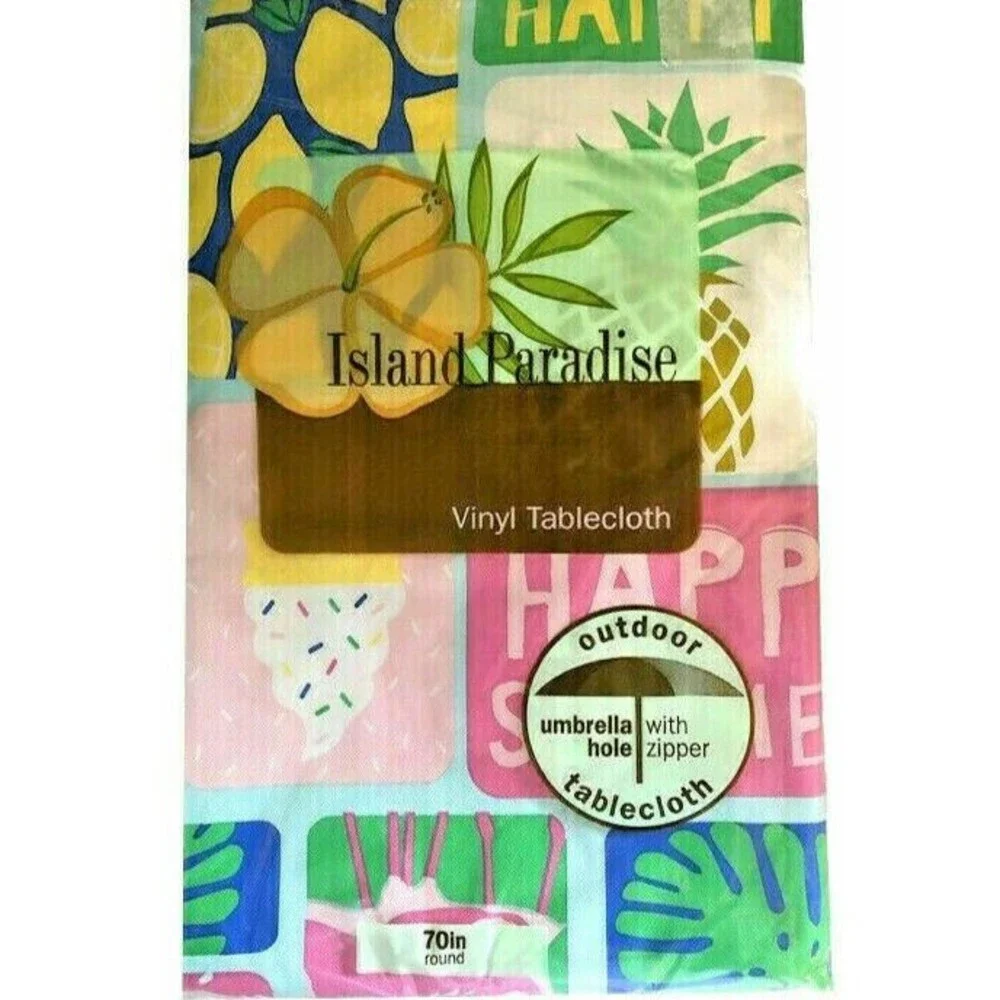 Tropical Vinyl Tablecloth Zipper Umbrella Hole Flannel Backed Summer Beach 70 Rd
