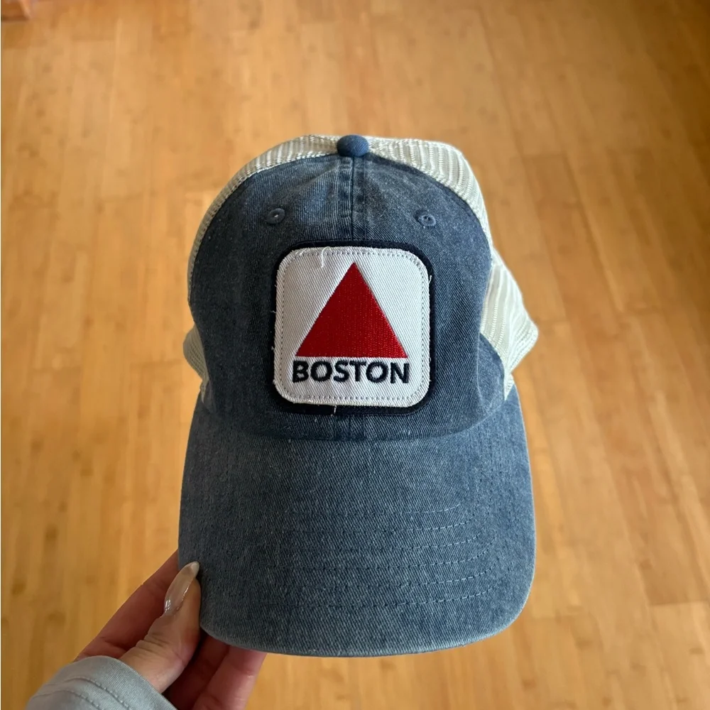 Boston Patch Trucker Hat in Navy and Cream