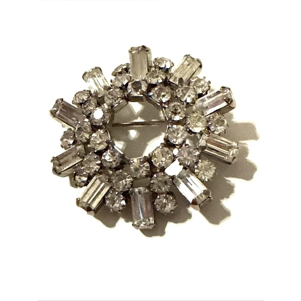 Vintage Crystal Rhinestone Baguette Cluster Brooch Round Statement Pin 2.5