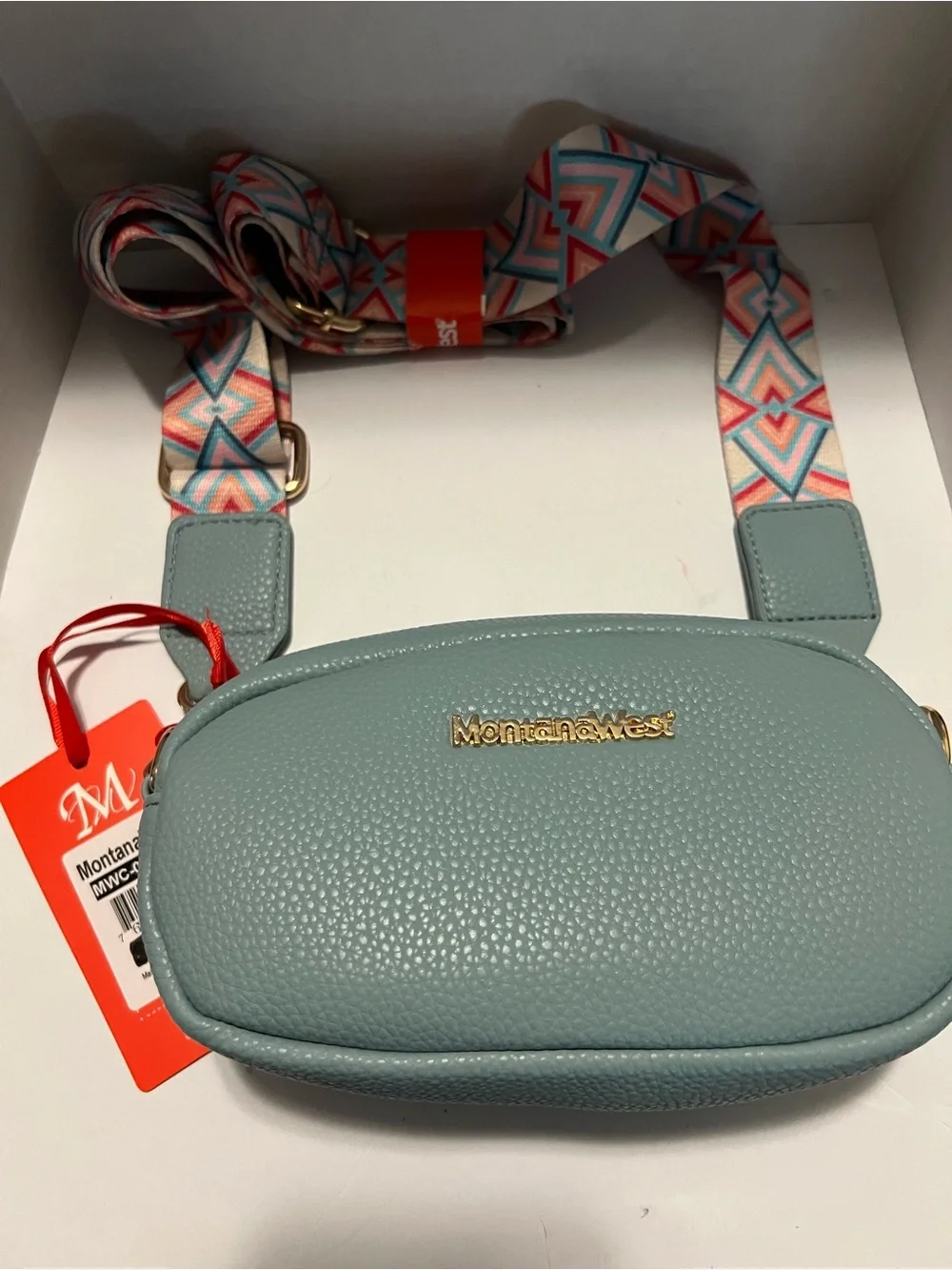 Montana West Mint Blue Crossbody Bag with Geometric Strap 8”x4”