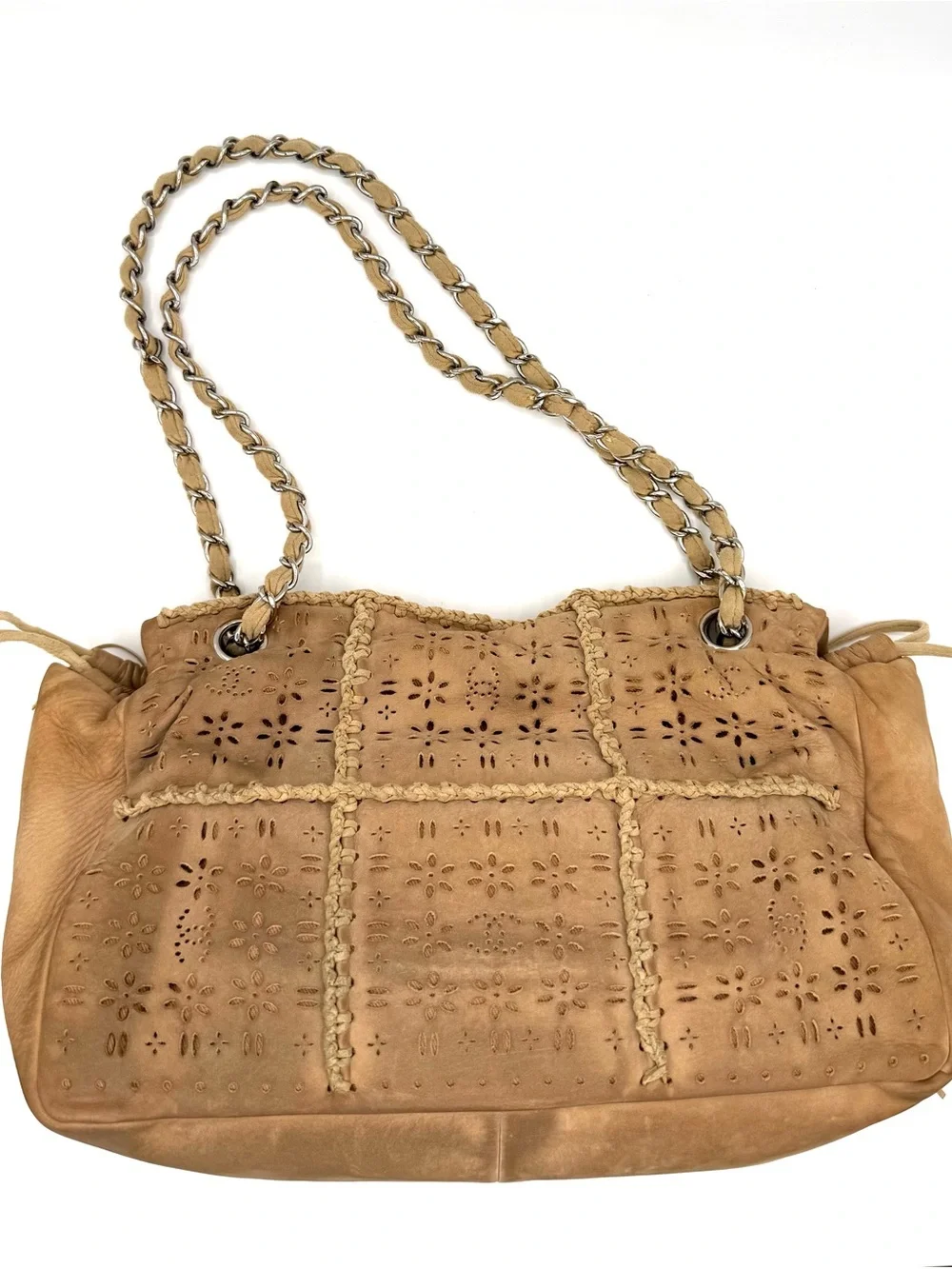 Chanel Tan Brown Suede Fringe Floral CC Flap Bag