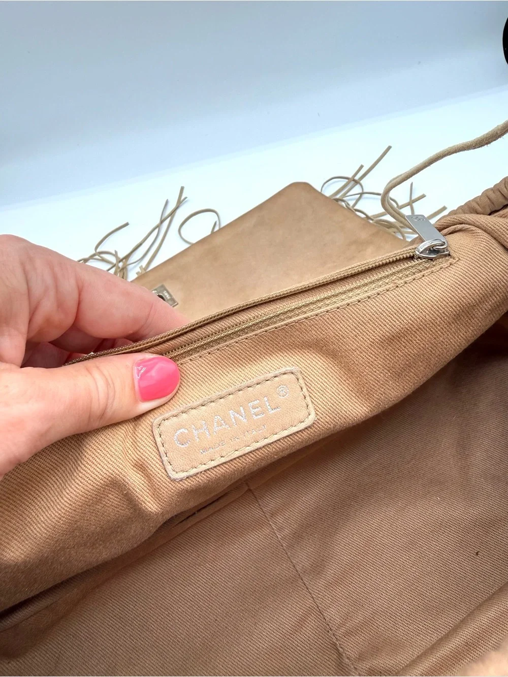 Chanel Tan Brown Suede Fringe Floral CC Flap Bag